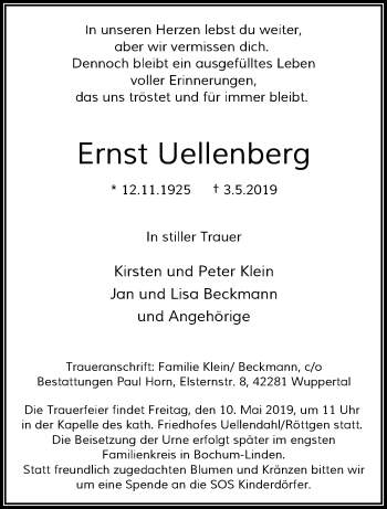 Traueranzeige von Ernst Uellenberg von trauer.wuppertaler-rundschau.de