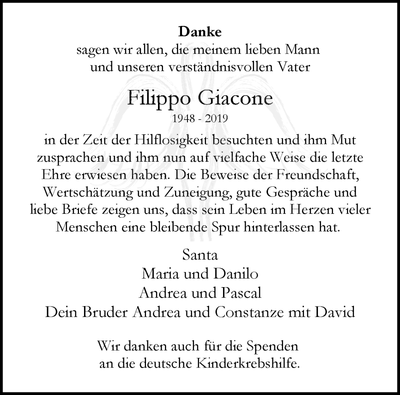  Traueranzeige für Filippo Giacone vom 25.05.2019 aus trauer.wuppertaler-rundschau.de