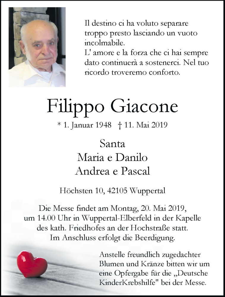 Traueranzeige für Filippo Giacone vom 18.05.2019 aus trauer.wuppertaler-rundschau.de