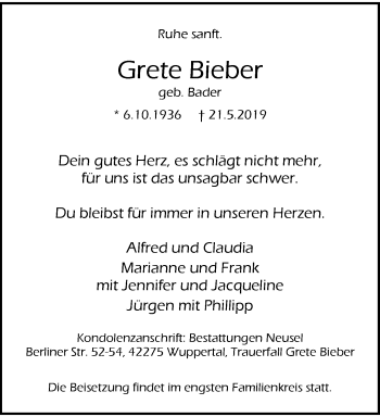 Traueranzeige von Grete Bieber von trauer.wuppertaler-rundschau.de