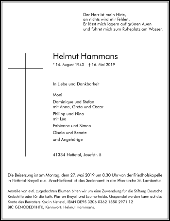 Traueranzeige von Helmut Hammans von trauer.extra-tipp-moenchengladbach.de