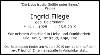 Traueranzeige von Ingrid Fliege von trauer.wuppertaler-rundschau.de