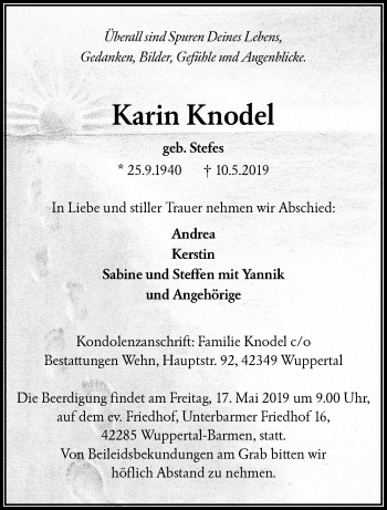 Traueranzeige von Karin Knodel von trauer.wuppertaler-rundschau.de