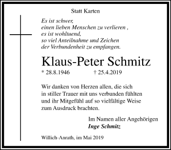 Traueranzeige von Klaus-Peter Schmitz von trauer.extra-tipp-moenchengladbach.de