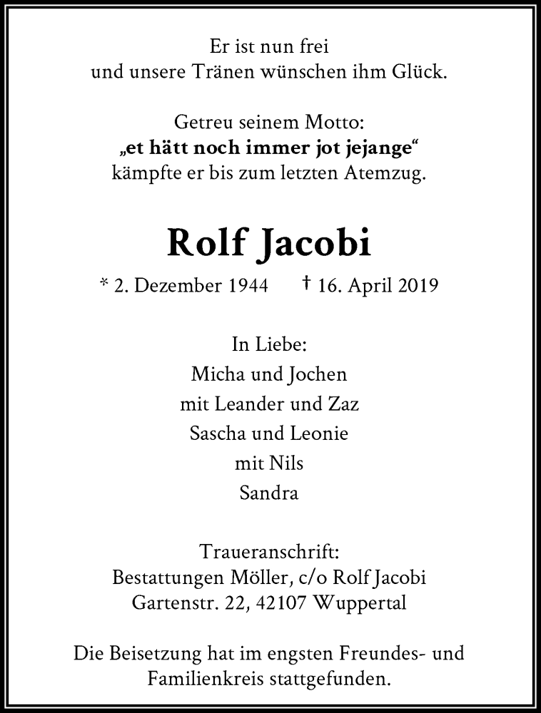  Traueranzeige für Rolf Jacobi vom 04.05.2019 aus trauer.wuppertaler-rundschau.de