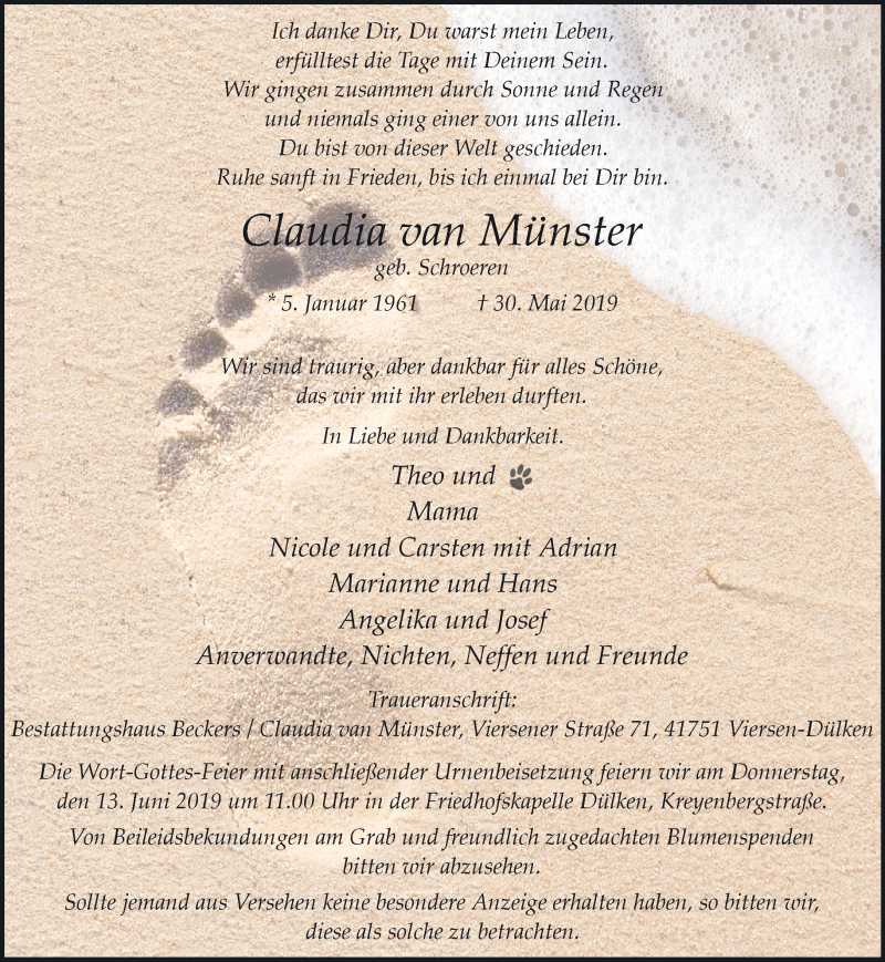  Traueranzeige für Claudia van Münster vom 09.06.2019 aus trauer.extra-tipp-moenchengladbach.de
