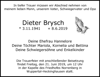 Traueranzeige von Dieter Brysch von trauer.wuppertaler-rundschau.de