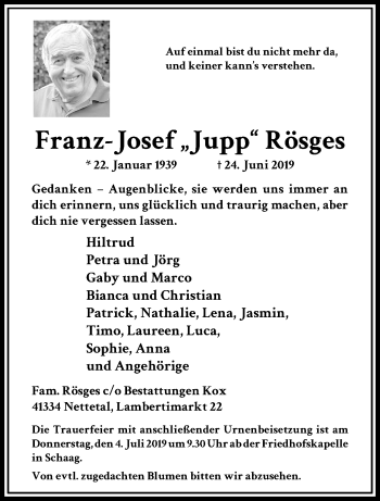 Traueranzeige von Franz- Josef Rösges von trauer.extra-tipp-moenchengladbach.de