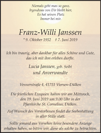 Traueranzeige von Franz-Willi Janssen von trauer.extra-tipp-moenchengladbach.de