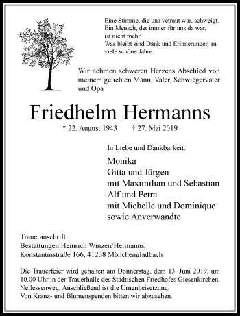 Traueranzeige von Friedhelm Hermanns von trauer.extra-tipp-moenchengladbach.de