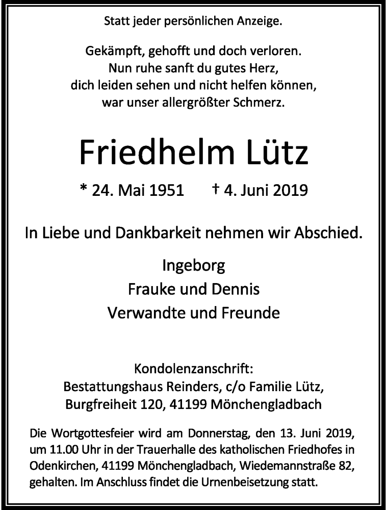  Traueranzeige für Friedhelm Lütz vom 09.06.2019 aus trauer.extra-tipp-moenchengladbach.de