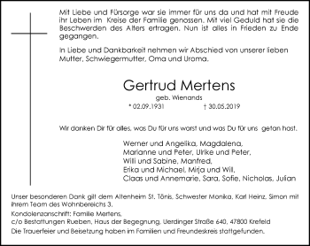 Traueranzeige von Gertrud Mertens von trauer.mein.krefeld.de