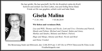 Traueranzeige von Gisela Malina von trauer.mein.krefeld.de