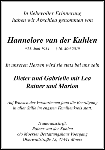 Traueranzeige von Hannelore van der Kuhlen von trauer.stadt-panorame.de