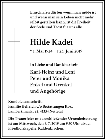 Traueranzeige von Hilde Kadei von trauer.extra-tipp-moenchengladbach.de