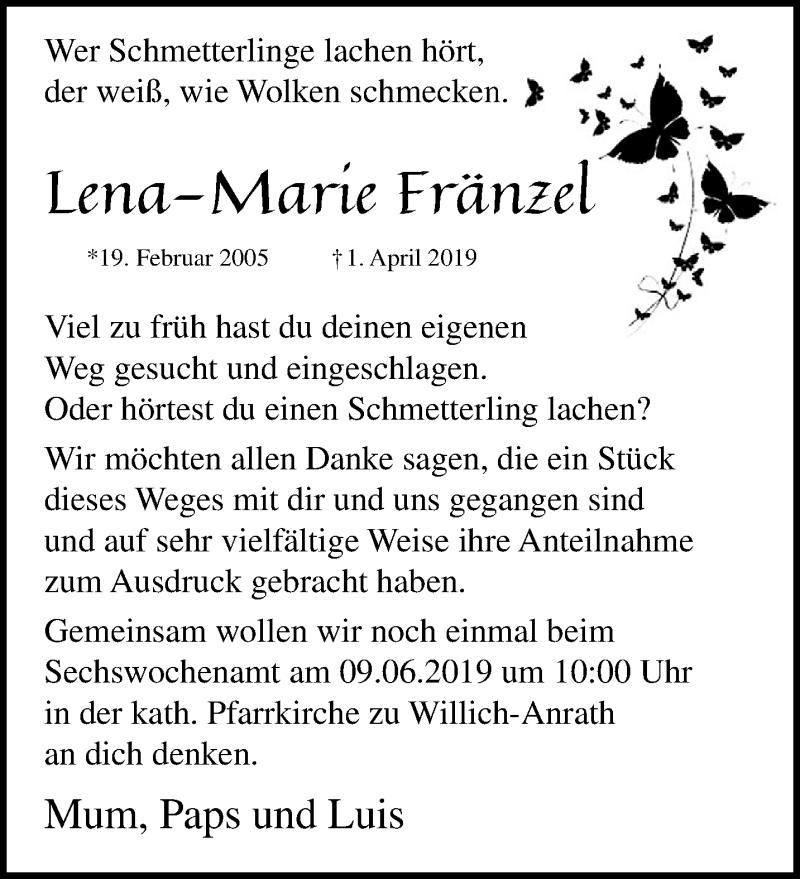  Traueranzeige für Lena-Marie Fränzel vom 05.06.2019 aus trauer.extra-tipp-moenchengladbach.de