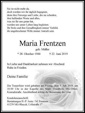 Traueranzeige von Maria Frentzen von trauer.extra-tipp-moenchengladbach.de