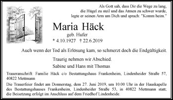 Traueranzeige von Maria Häck von trauer.wuppertaler-rundschau.de