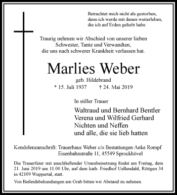 Traueranzeige von Marlies Weber von trauer.wuppertaler-rundschau.de