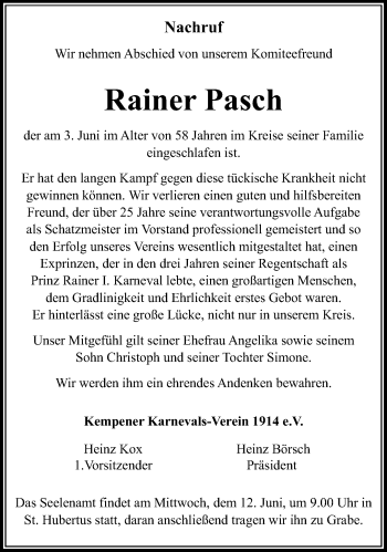 Traueranzeige von Rainer Pasch von trauer.mein.krefeld.de