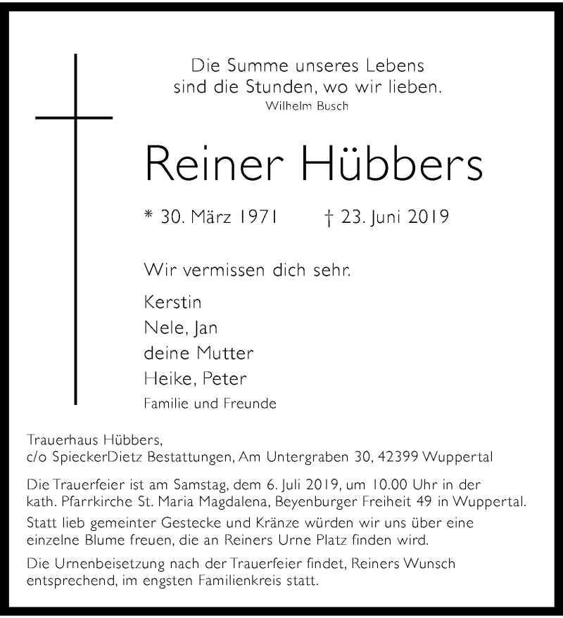  Traueranzeige für Reiner Hübbers vom 29.06.2019 aus trauer.wuppertaler-rundschau.de