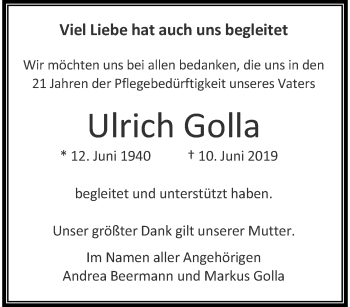 Traueranzeige von Ulrich Golla von trauer.extra-tipp-moenchengladbach.de