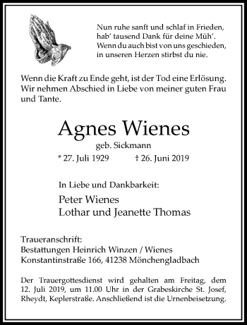 Traueranzeige von Agnes Wienes von trauer.extra-tipp-moenchengladbach.de