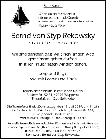 Traueranzeige von Bernd von Styp-Rekowsky von trauer.wuppertaler-rundschau.de