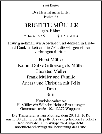 Traueranzeige von Brigitte Müller von trauer.wuppertaler-rundschau.de