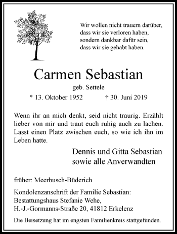 Traueranzeige von Carmen Sebastian von trauer.extra-tipp-moenchengladbach.de