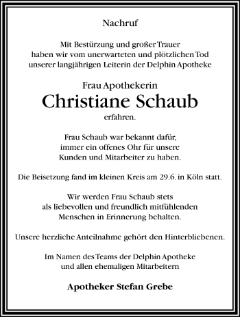 Traueranzeige von Christiane Schaub von trauer.extra-tipp-moenchengladbach.de