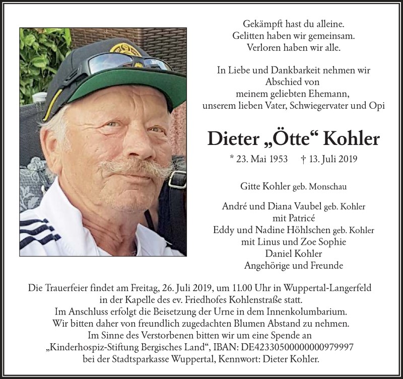  Traueranzeige für Dieter Kohler vom 20.07.2019 aus trauer.wuppertaler-rundschau.de