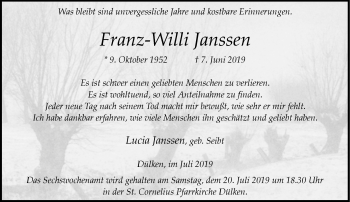 Traueranzeige von Franz-Willi Janssen von trauer.extra-tipp-moenchengladbach.de