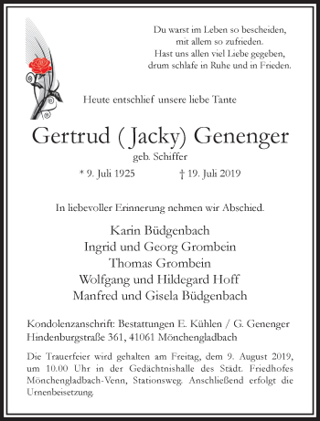 Traueranzeige von Gertrud Genenger von trauer.extra-tipp-moenchengladbach.de