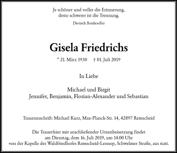 Traueranzeige von Gisela Friedrichs von trauer.wuppertaler-rundschau.de