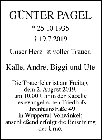 Traueranzeige von Günter Pagel von trauer.wuppertaler-rundschau.de