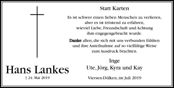 Traueranzeige von Hans Lankes von trauer.extra-tipp-moenchengladbach.de