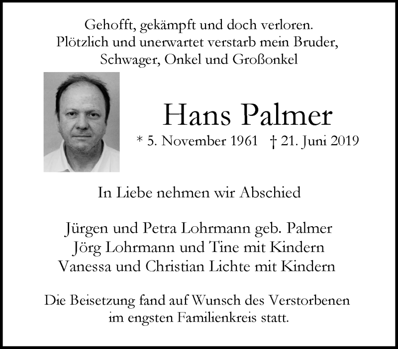  Traueranzeige für Hans Palmer vom 06.07.2019 aus trauer.wuppertaler-rundschau.de