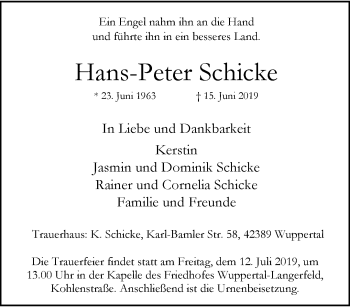 Traueranzeige von Hans-Peter Schicke von trauer.wuppertaler-rundschau.de