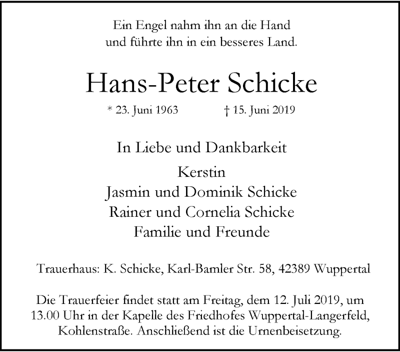  Traueranzeige für Hans-Peter Schicke vom 10.07.2019 aus trauer.wuppertaler-rundschau.de