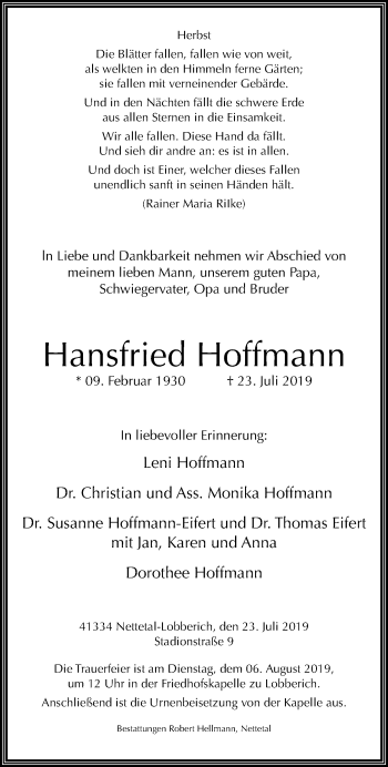 Traueranzeige von Hansfried Hoffmann von trauer.extra-tipp-moenchengladbach.de