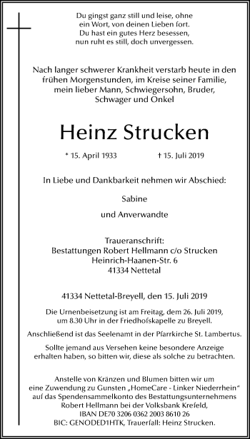 Traueranzeige von Heinz Strucken von trauer.extra-tipp-moenchengladbach.de