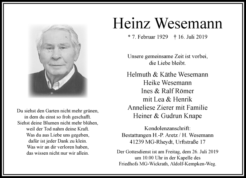  Traueranzeige für Heinz Wesemann vom 21.07.2019 aus trauer.extra-tipp-moenchengladbach.de