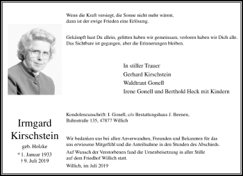 Traueranzeige von Irmgard Kirschstein von trauer.extra-tipp-moenchengladbach.de