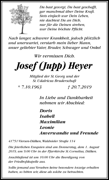 Traueranzeige von Josef Heyer von trauer.extra-tipp-moenchengladbach.de