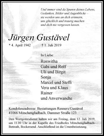 Traueranzeige von Jürgen Gustävel von trauer.extra-tipp-moenchengladbach.de