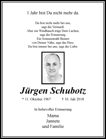 Traueranzeige von Jürgen Schubotz von trauer.extra-tipp-moenchengladbach.de