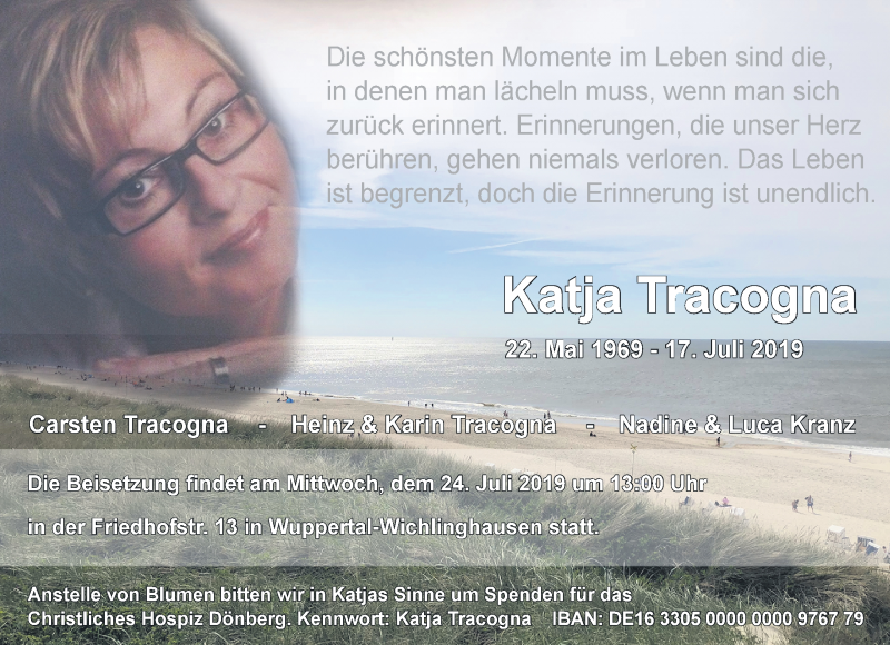 Traueranzeige für Katja Tracogna vom 20.07.2019 aus trauer.wuppertaler-rundschau.de