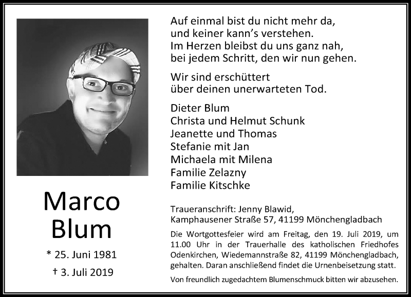  Traueranzeige für Marco Blum vom 17.07.2019 aus trauer.extra-tipp-moenchengladbach.de