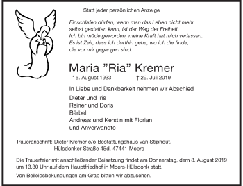 Traueranzeige von Maria Kremer von trauer.stadt-panorame.de